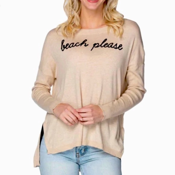 Subtle Luxury Tan Natural Jane Sweater "Beach Please" Embroidery XS / Small - Picture 1 of 6
